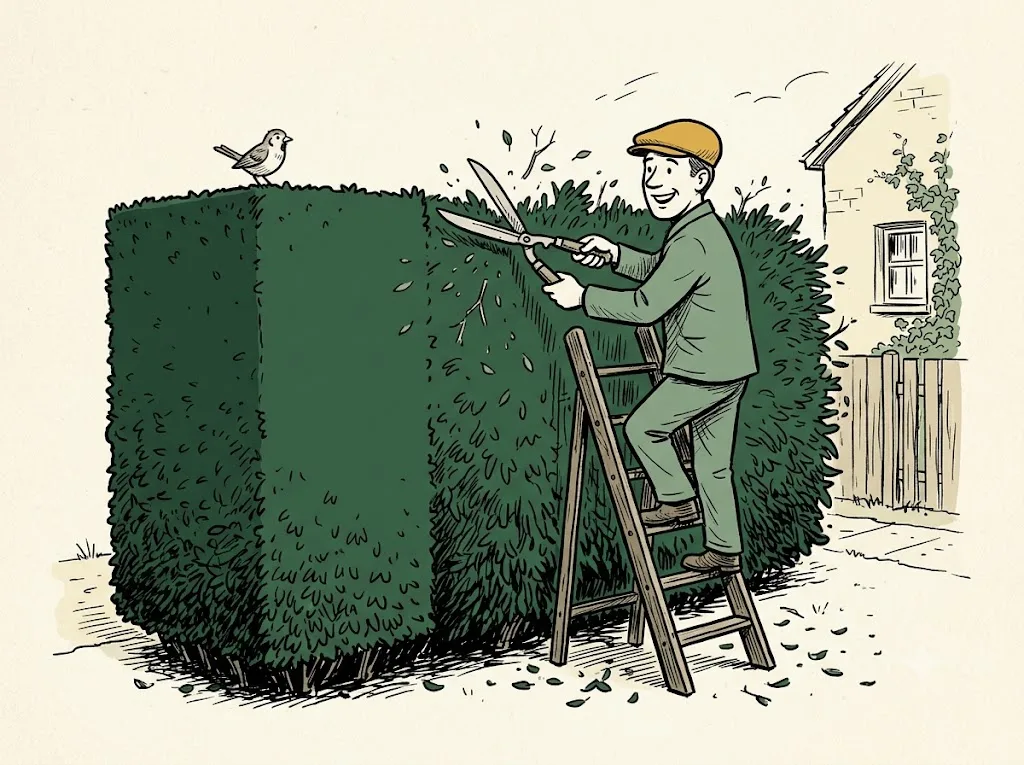 Hand-drawn illustration: man in a flat cap up a ladder, trimming a big square hedge with shears